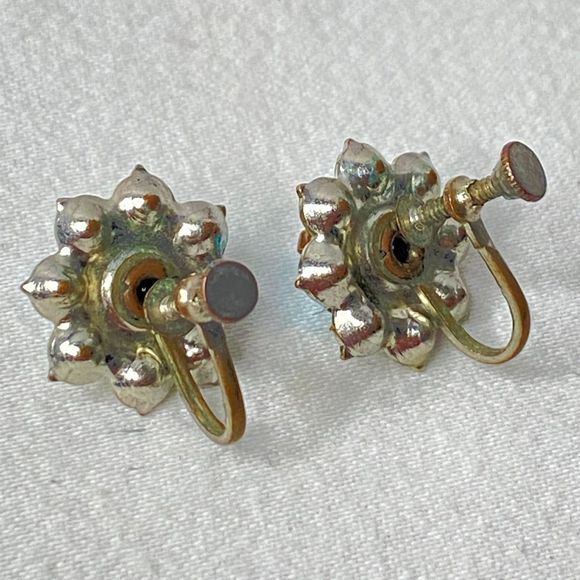 Tiny Flower Stud Earrings Central Blue Clear Rhinestones Silver Tone Setting - Picture 6 of 8